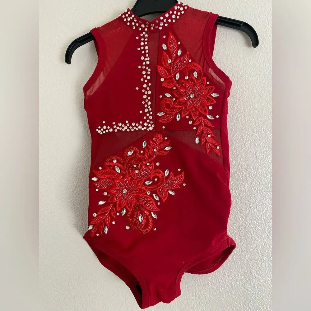 Five 5 Dance competition contemporary custom solo red illusion costume PA XSA ad